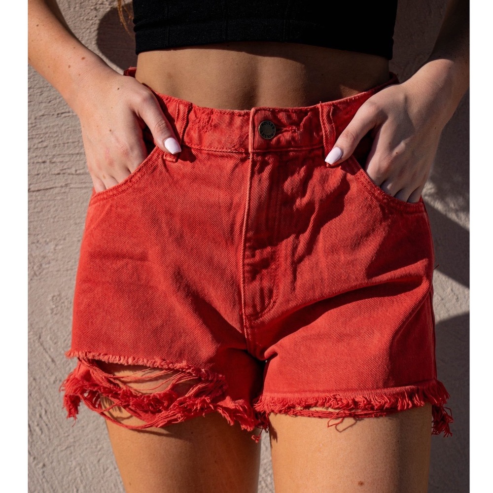 Rolla's Dusters High Rise Slim Cut Off Shorts in Layla Red Denim Distressed - 27